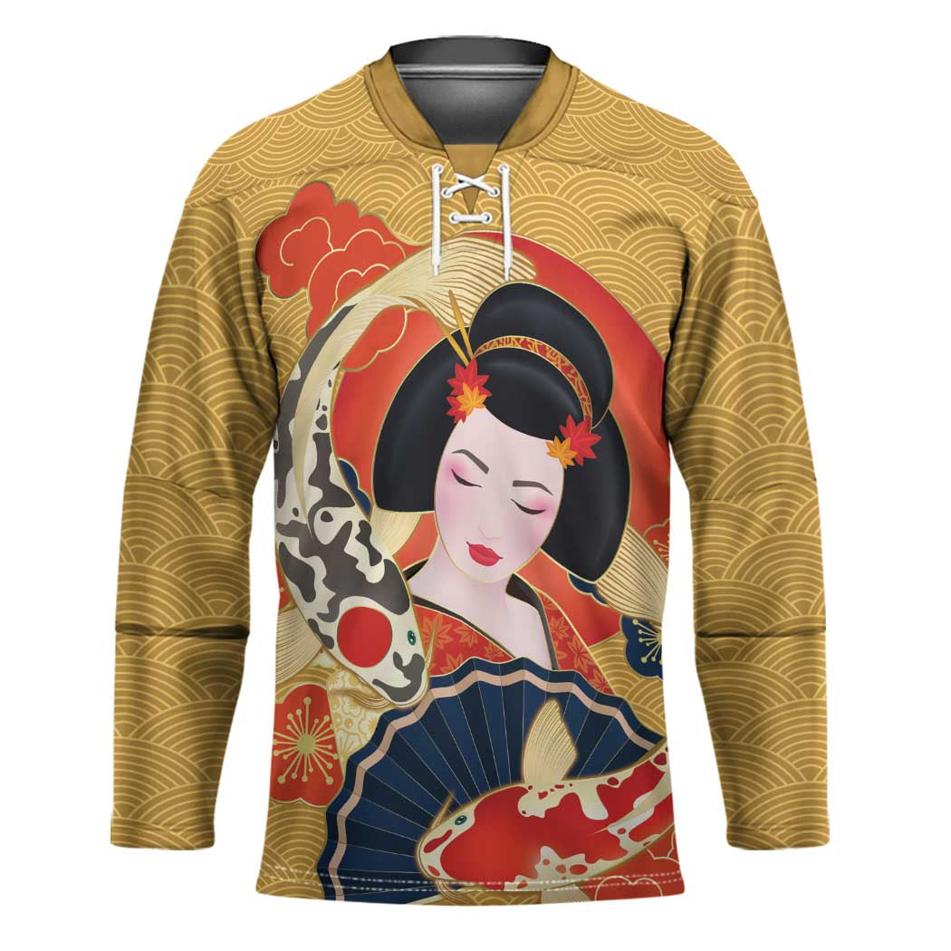 Japanese Geisha Koi Fish Hockey Jersey Cherry Blossoms Yellow Seigaiha Pattern LT14 Unisex Yellow - Polynesian Pride