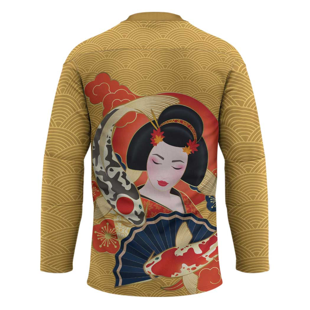 Japanese Geisha Koi Fish Hockey Jersey Cherry Blossoms Yellow Seigaiha Pattern LT14 - Polynesian Pride