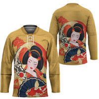 Japanese Geisha Koi Fish Hockey Jersey Cherry Blossoms Yellow Seigaiha Pattern LT14 - Polynesian Pride