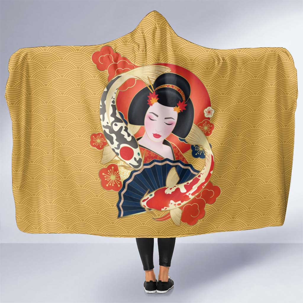 Japanese Geisha Koi Fish Hooded Blanket Cherry Blossoms Yellow Seigaiha Pattern LT14 One Size Yellow - Polynesian Pride