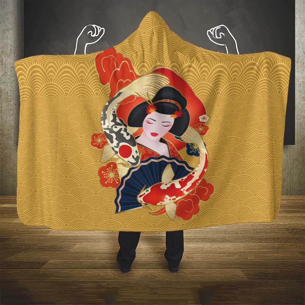 Japanese Geisha Koi Fish Hooded Blanket Cherry Blossoms Yellow Seigaiha Pattern LT14 - Polynesian Pride