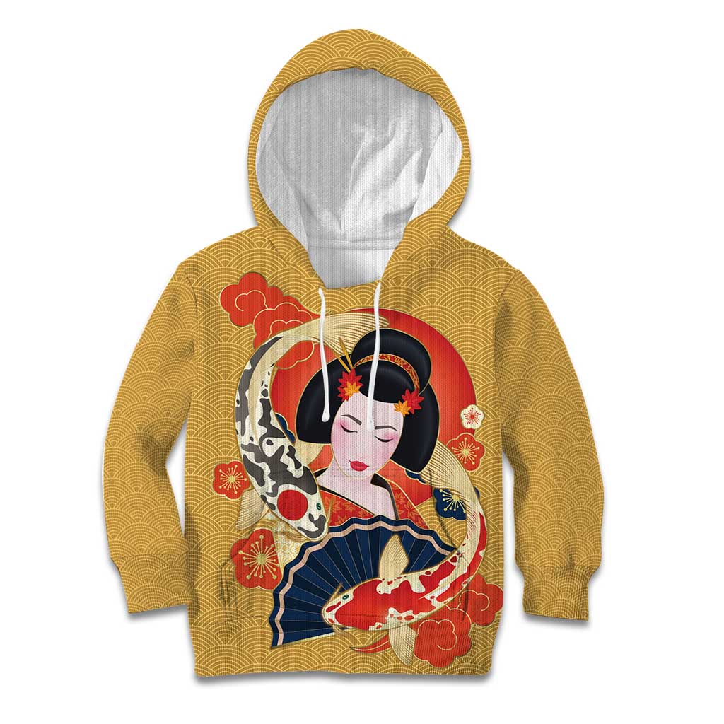Japanese Geisha Koi Fish Kid Hoodie Cherry Blossoms Yellow Seigaiha Pattern LT14 Hoodie Yellow - Polynesian Pride