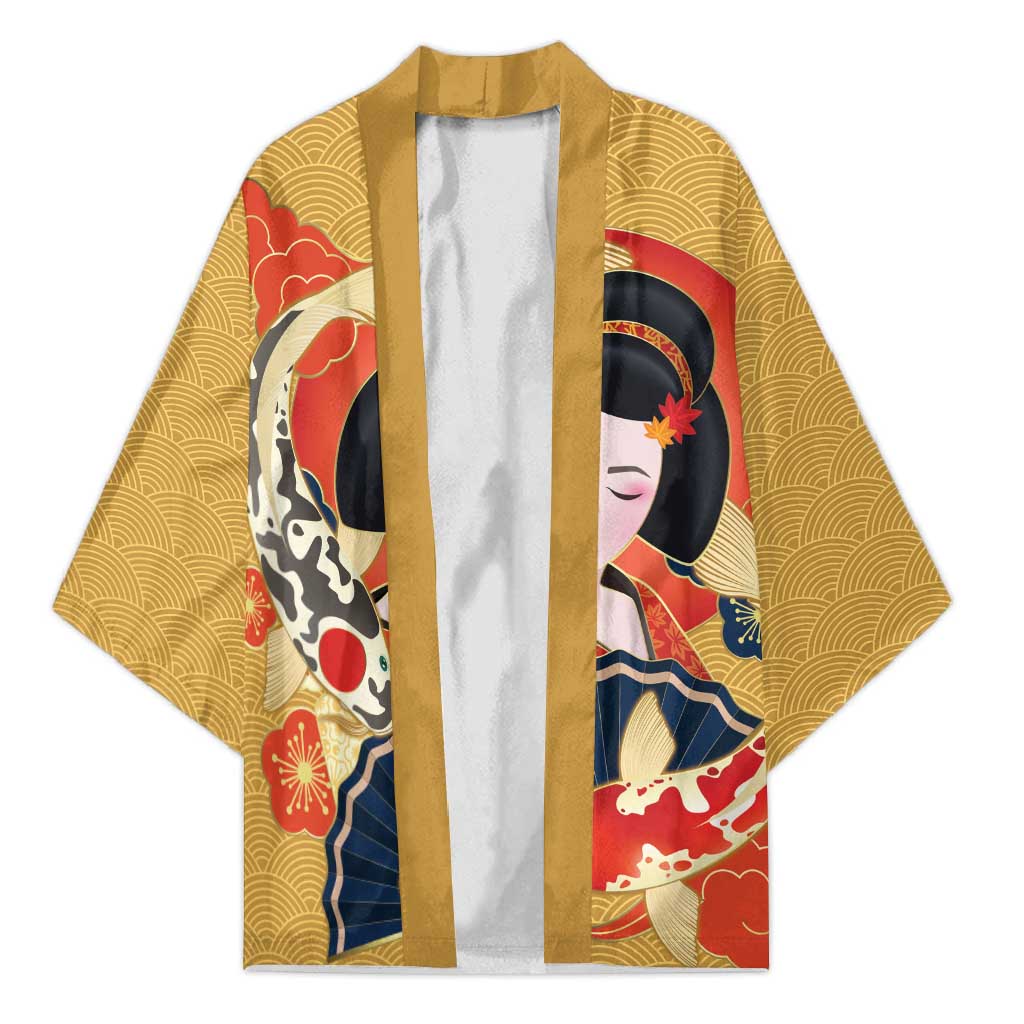 Japanese Geisha Koi Fish Kimono Cherry Blossoms Yellow Seigaiha Pattern LT14 Unisex Yellow - Polynesian Pride