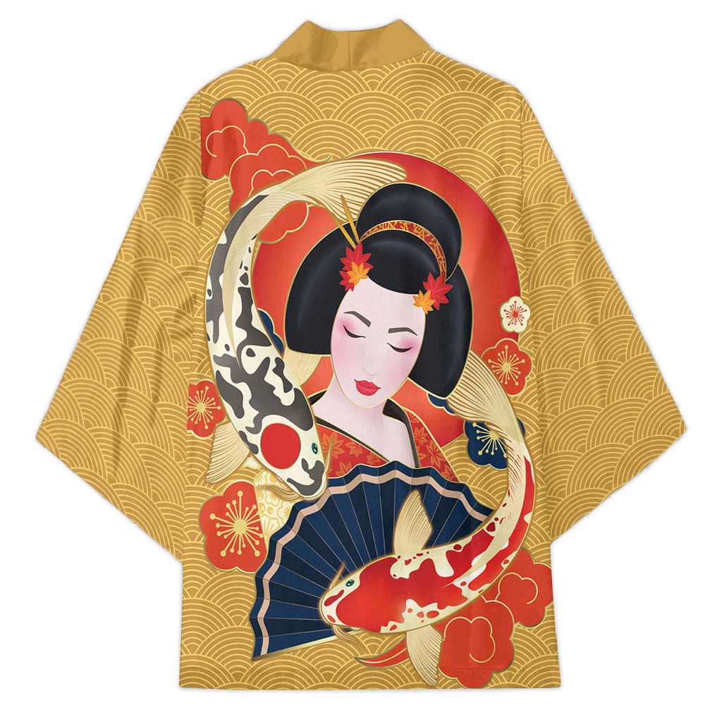 Japanese Geisha Koi Fish Kimono Cherry Blossoms Yellow Seigaiha Pattern LT14 - Polynesian Pride