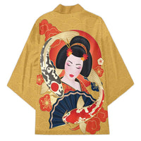 Japanese Geisha Koi Fish Kimono Cherry Blossoms Yellow Seigaiha Pattern LT14 - Polynesian Pride