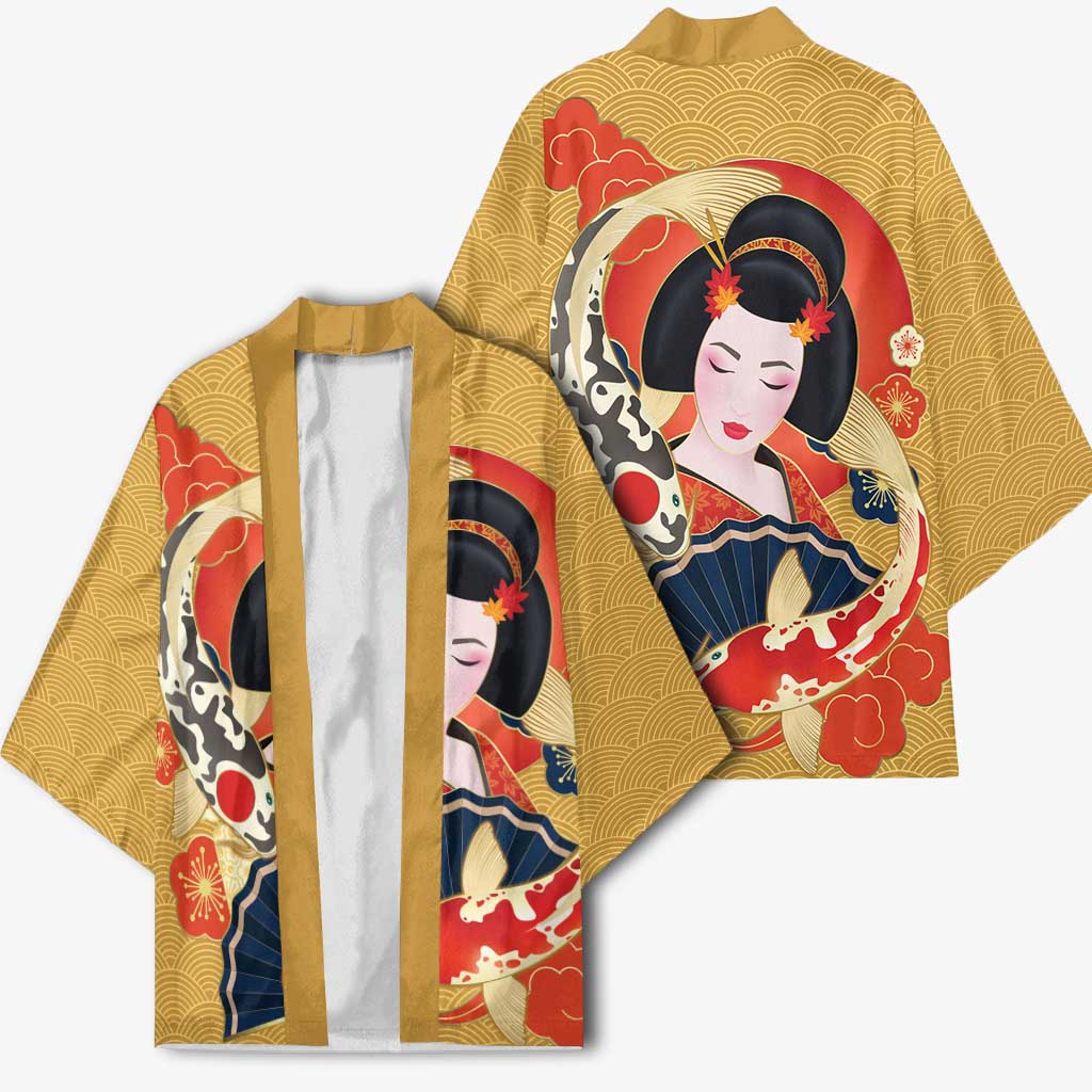 Japanese Geisha Koi Fish Kimono Cherry Blossoms Yellow Seigaiha Pattern LT14 - Polynesian Pride