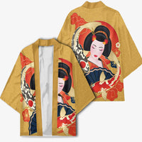 Japanese Geisha Koi Fish Kimono Cherry Blossoms Yellow Seigaiha Pattern LT14 - Polynesian Pride
