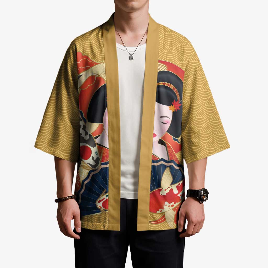 Japanese Geisha Koi Fish Kimono Cherry Blossoms Yellow Seigaiha Pattern LT14 - Polynesian Pride