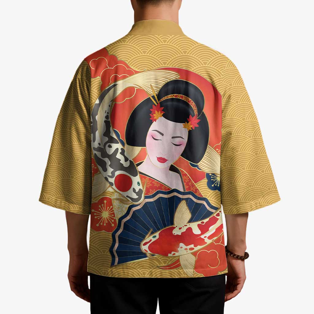 Japanese Geisha Koi Fish Kimono Cherry Blossoms Yellow Seigaiha Pattern LT14 - Polynesian Pride