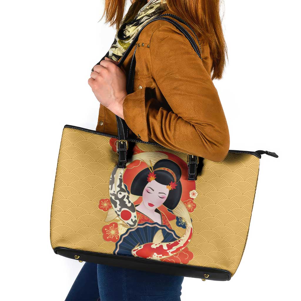 Japanese Geisha Koi Fish Leather Tote Bag Cherry Blossoms Yellow Seigaiha Pattern - Polynesian Pride