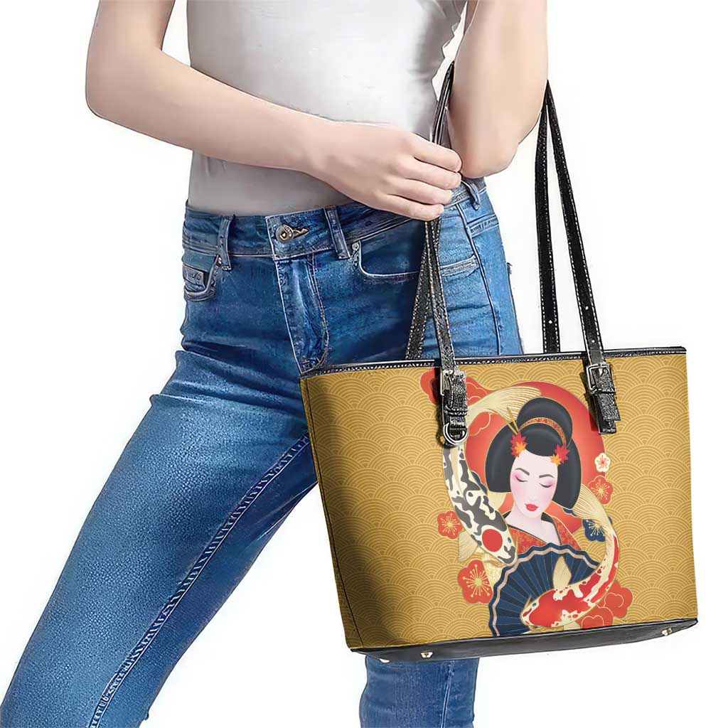 Japanese Geisha Koi Fish Leather Tote Bag Cherry Blossoms Yellow Seigaiha Pattern - Polynesian Pride