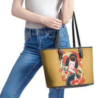 Japanese Geisha Koi Fish Leather Tote Bag Cherry Blossoms Yellow Seigaiha Pattern - Polynesian Pride