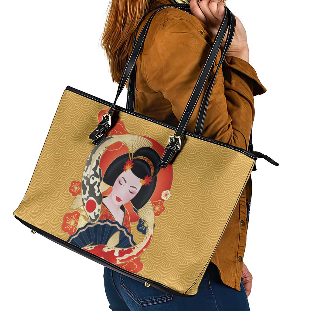 Japanese Geisha Koi Fish Leather Tote Bag Cherry Blossoms Yellow Seigaiha Pattern - Polynesian Pride