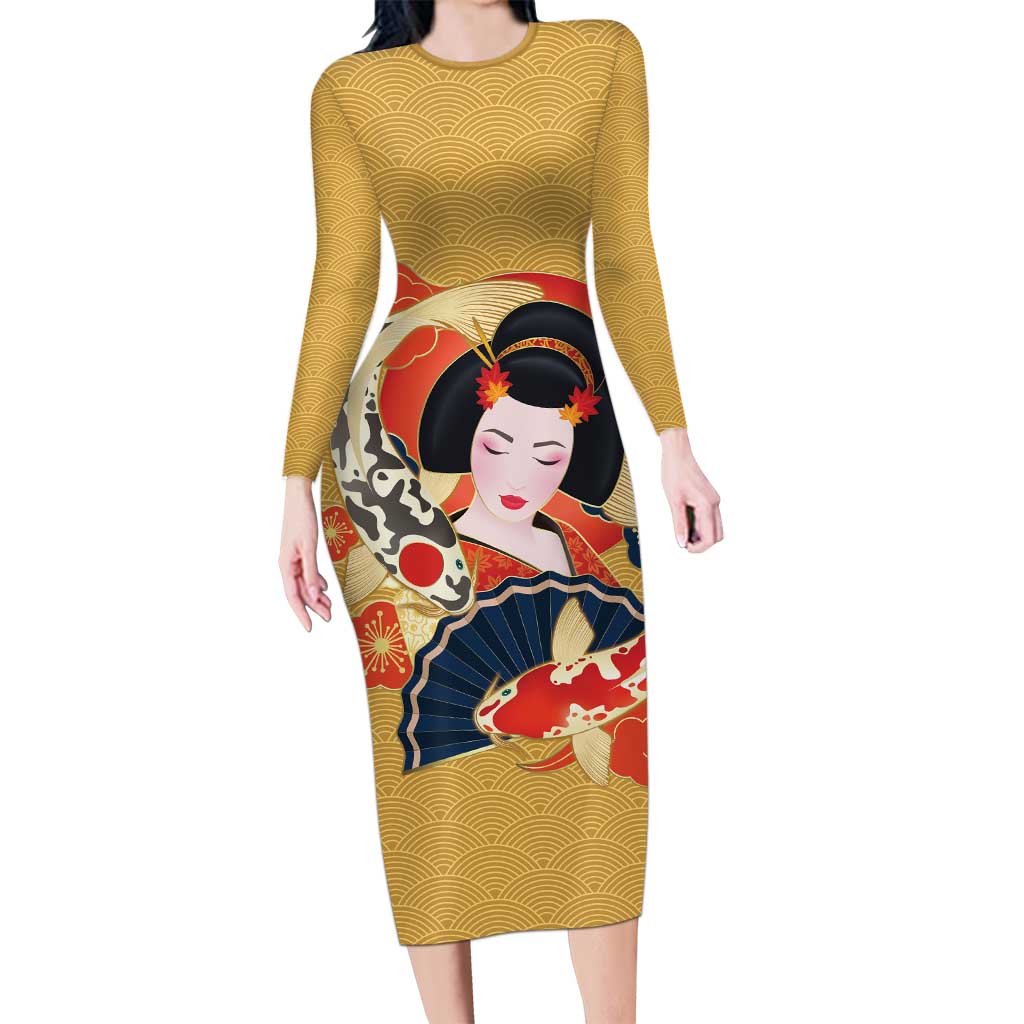 Japanese Geisha Koi Fish Long Sleeve Bodycon Dress Cherry Blossoms Yellow Seigaiha Pattern LT14 Long Dress Yellow - Polynesian Pride