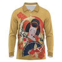 Japanese Geisha Koi Fish Long Sleeve Polo Shirt Cherry Blossoms Yellow Seigaiha Pattern LT14 Yellow - Polynesian Pride
