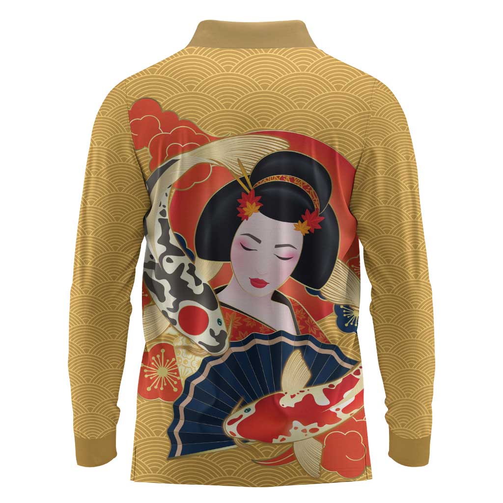 Japanese Geisha Koi Fish Long Sleeve Polo Shirt Cherry Blossoms Yellow Seigaiha Pattern LT14 - Polynesian Pride
