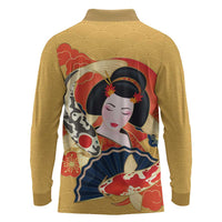 Japanese Geisha Koi Fish Long Sleeve Polo Shirt Cherry Blossoms Yellow Seigaiha Pattern LT14 - Polynesian Pride