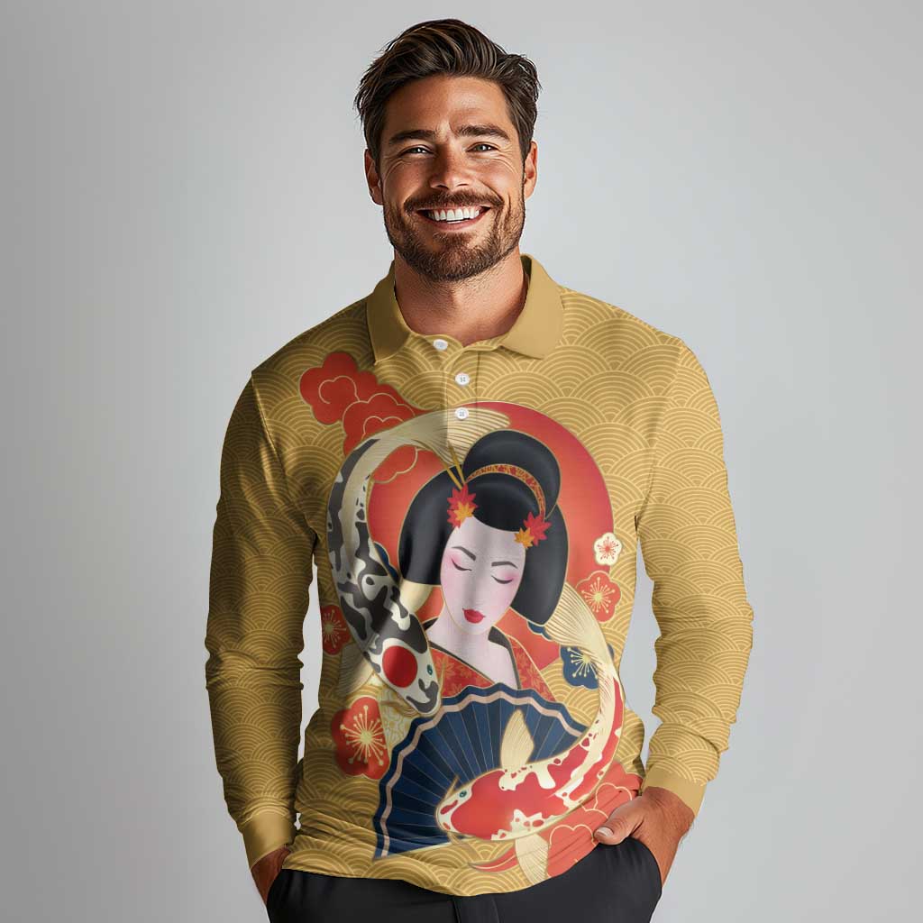 Japanese Geisha Koi Fish Long Sleeve Polo Shirt Cherry Blossoms Yellow Seigaiha Pattern LT14 - Polynesian Pride