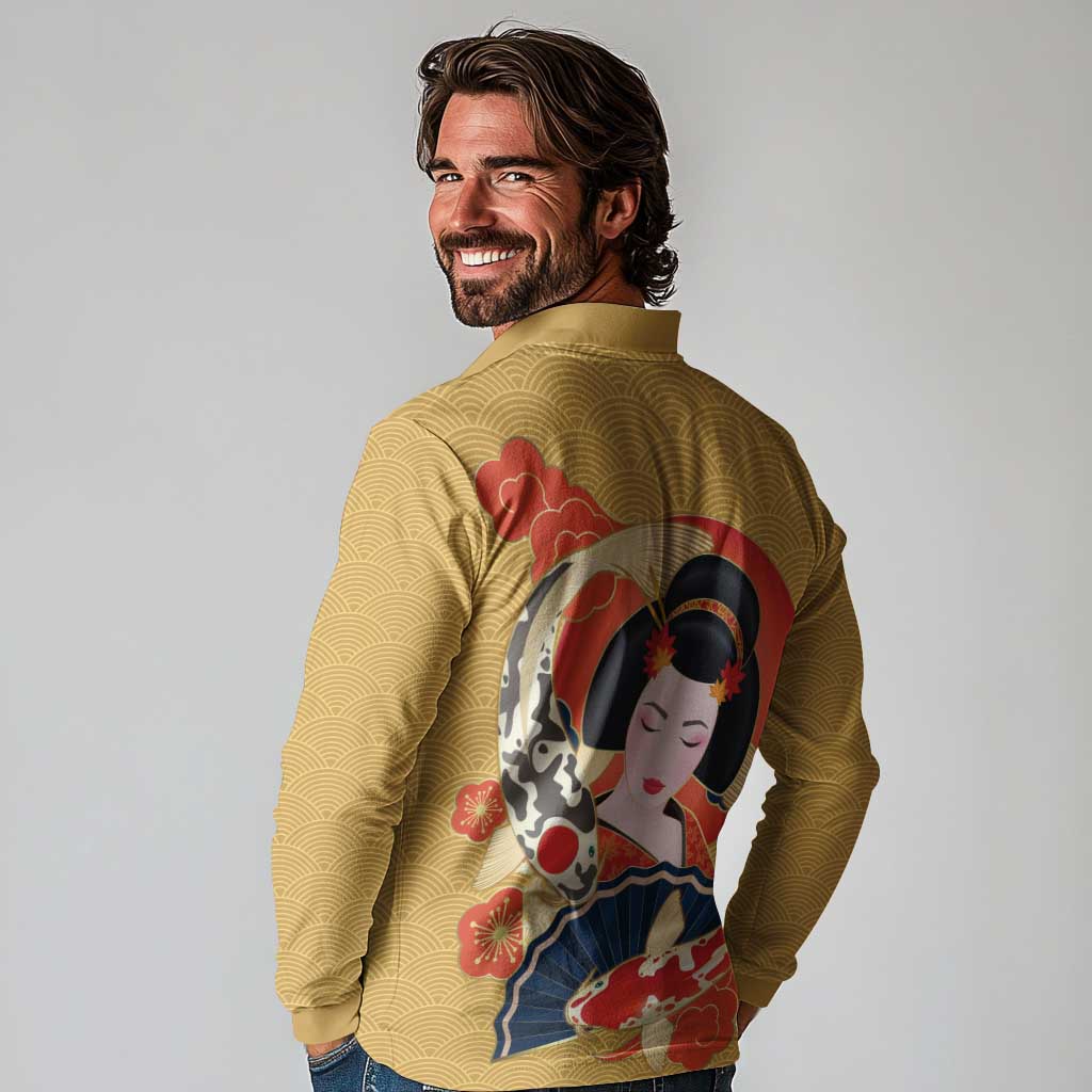 Japanese Geisha Koi Fish Long Sleeve Polo Shirt Cherry Blossoms Yellow Seigaiha Pattern LT14 - Polynesian Pride