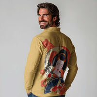 Japanese Geisha Koi Fish Long Sleeve Polo Shirt Cherry Blossoms Yellow Seigaiha Pattern LT14 - Polynesian Pride