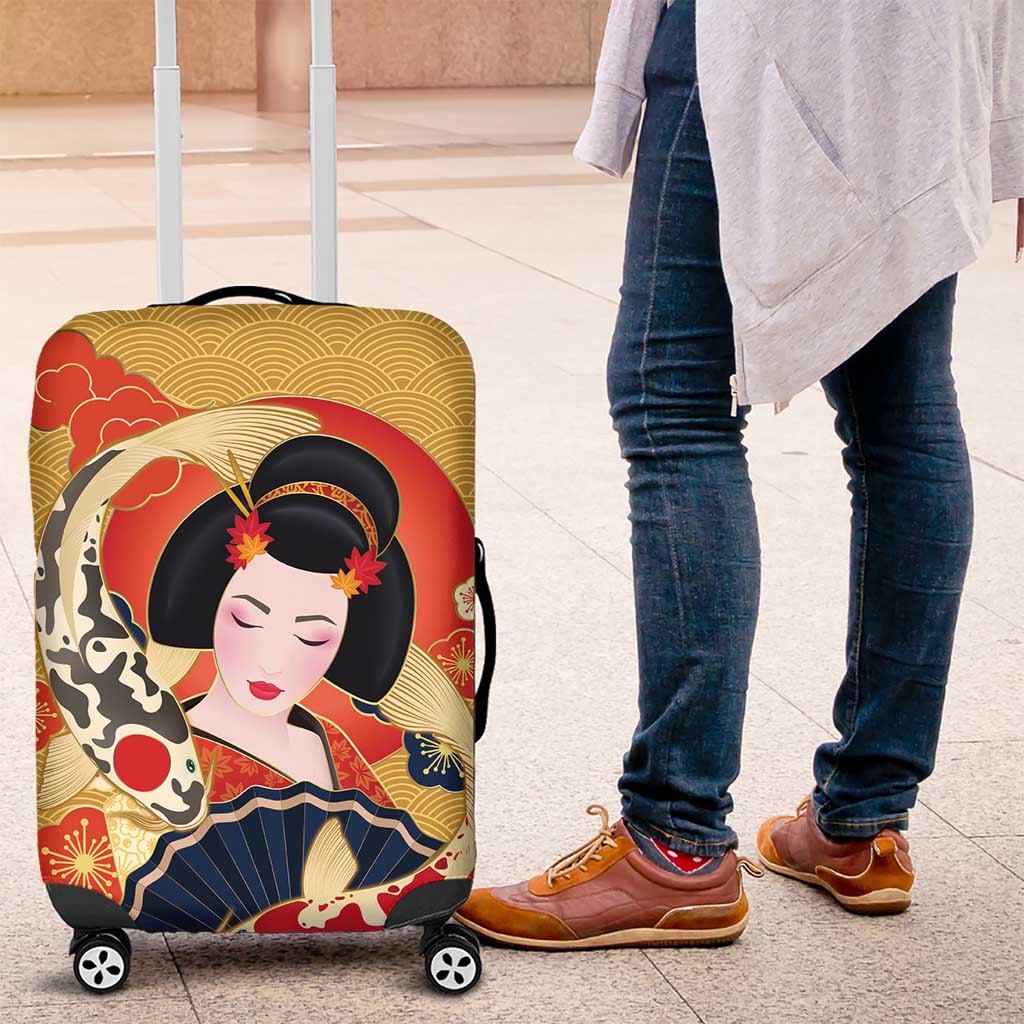 Japanese Geisha Koi Fish Luggage Cover Cherry Blossoms Yellow Seigaiha Pattern LT14 Yellow - Polynesian Pride