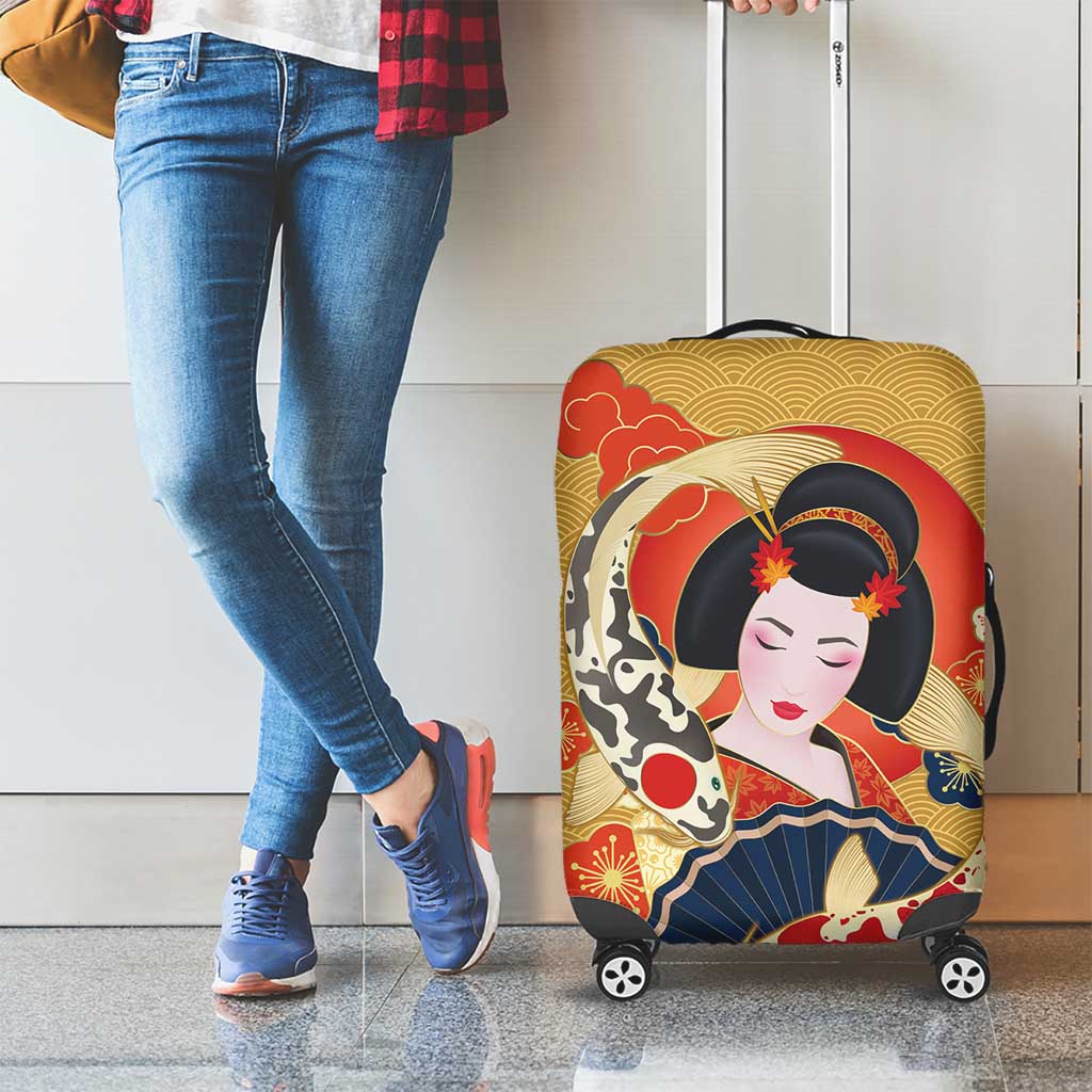 Japanese Geisha Koi Fish Luggage Cover Cherry Blossoms Yellow Seigaiha Pattern LT14 - Polynesian Pride
