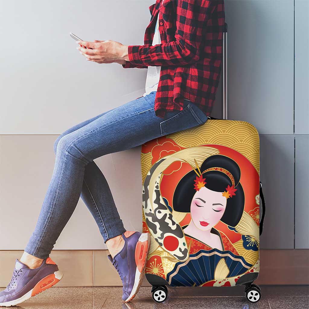 Japanese Geisha Koi Fish Luggage Cover Cherry Blossoms Yellow Seigaiha Pattern LT14 - Polynesian Pride