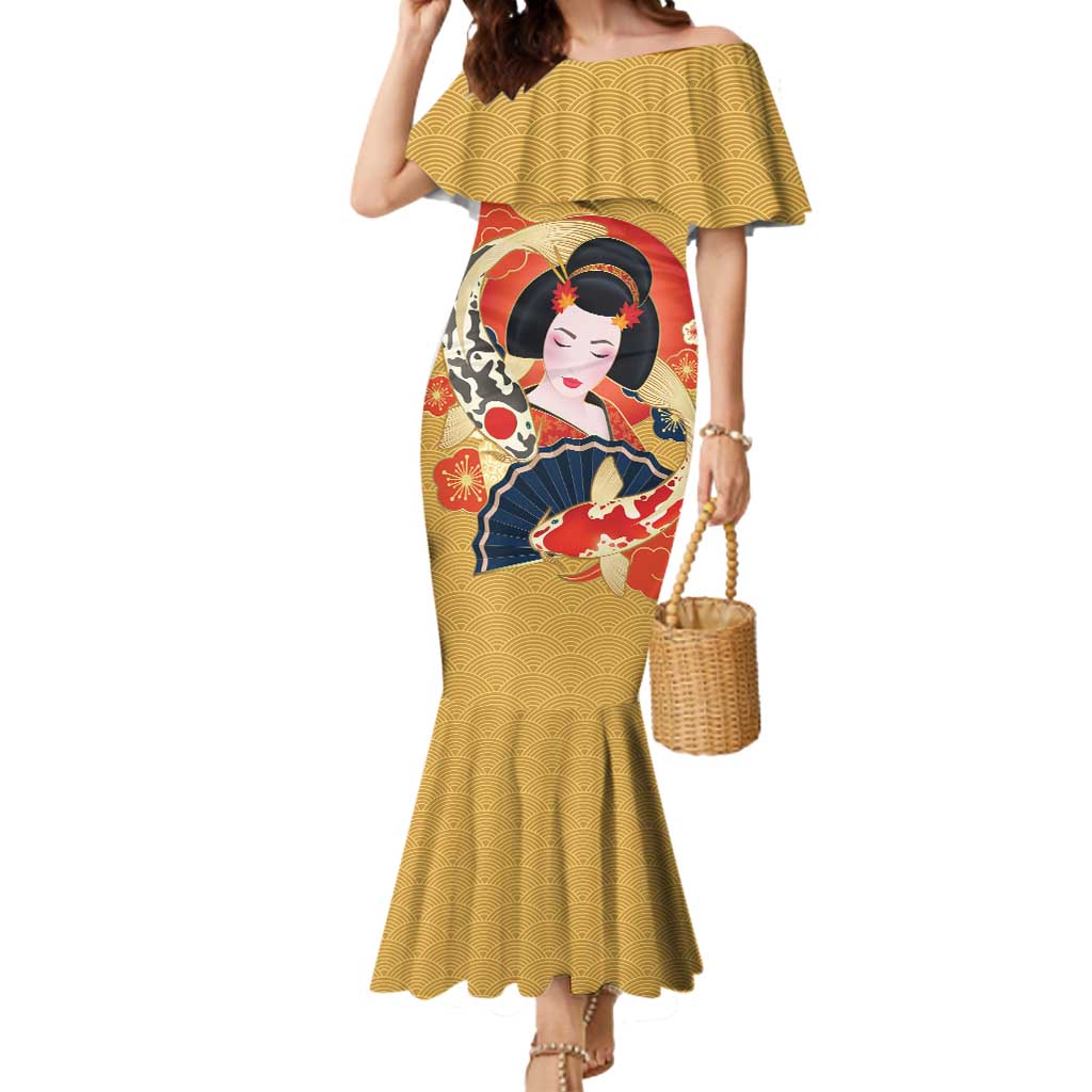Japanese Geisha Koi Fish Mermaid Dress Cherry Blossoms Yellow Seigaiha Pattern - Polynesian Pride