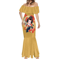 Japanese Geisha Koi Fish Mermaid Dress Cherry Blossoms Yellow Seigaiha Pattern - Polynesian Pride