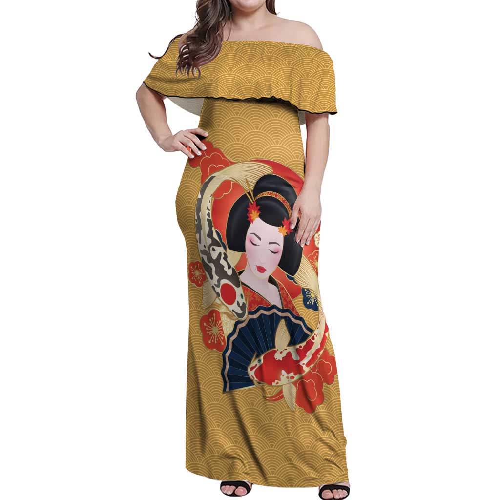 Japanese Geisha Koi Fish Off Shoulder Maxi Dress Cherry Blossoms Yellow Seigaiha Pattern LT14 Women Yellow - Polynesian Pride