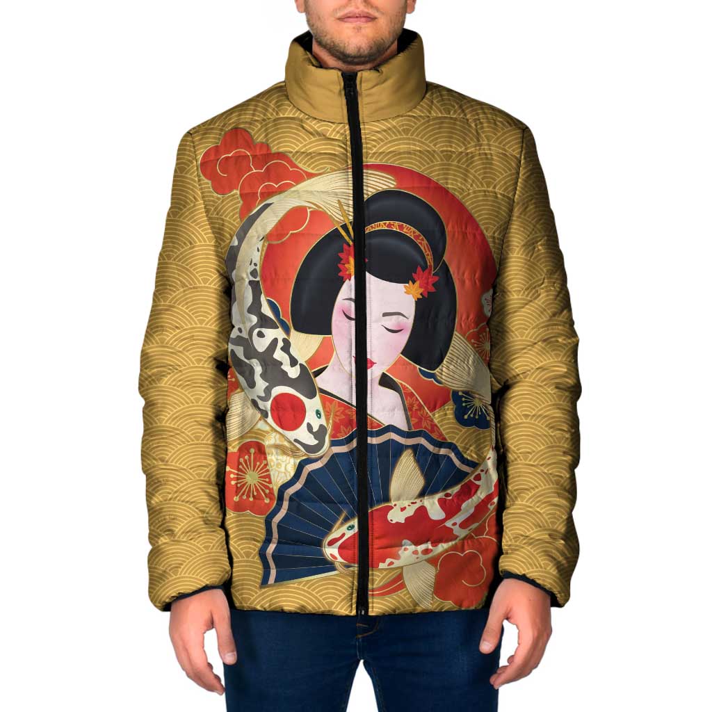 Japanese Geisha Koi Fish Padded Jacket Cherry Blossoms Yellow Seigaiha Pattern - Polynesian Pride