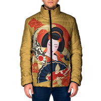 Japanese Geisha Koi Fish Padded Jacket Cherry Blossoms Yellow Seigaiha Pattern - Polynesian Pride