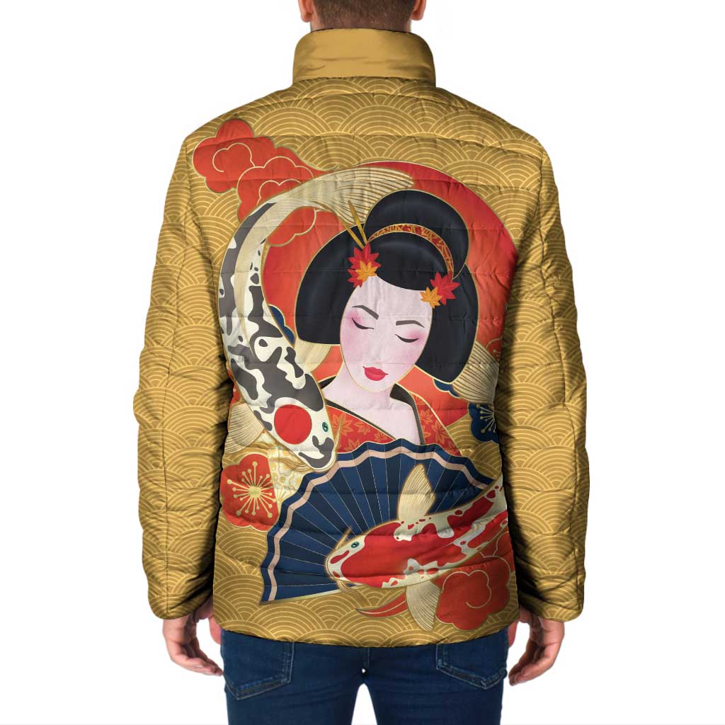 Japanese Geisha Koi Fish Padded Jacket Cherry Blossoms Yellow Seigaiha Pattern - Polynesian Pride