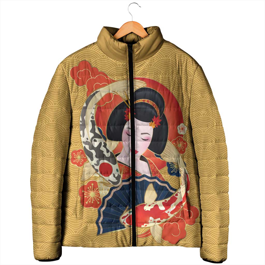 Japanese Geisha Koi Fish Padded Jacket Cherry Blossoms Yellow Seigaiha Pattern - Polynesian Pride