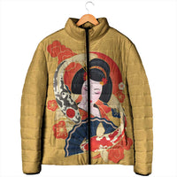 Japanese Geisha Koi Fish Padded Jacket Cherry Blossoms Yellow Seigaiha Pattern - Polynesian Pride