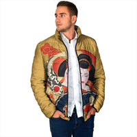 Japanese Geisha Koi Fish Padded Jacket Cherry Blossoms Yellow Seigaiha Pattern - Polynesian Pride