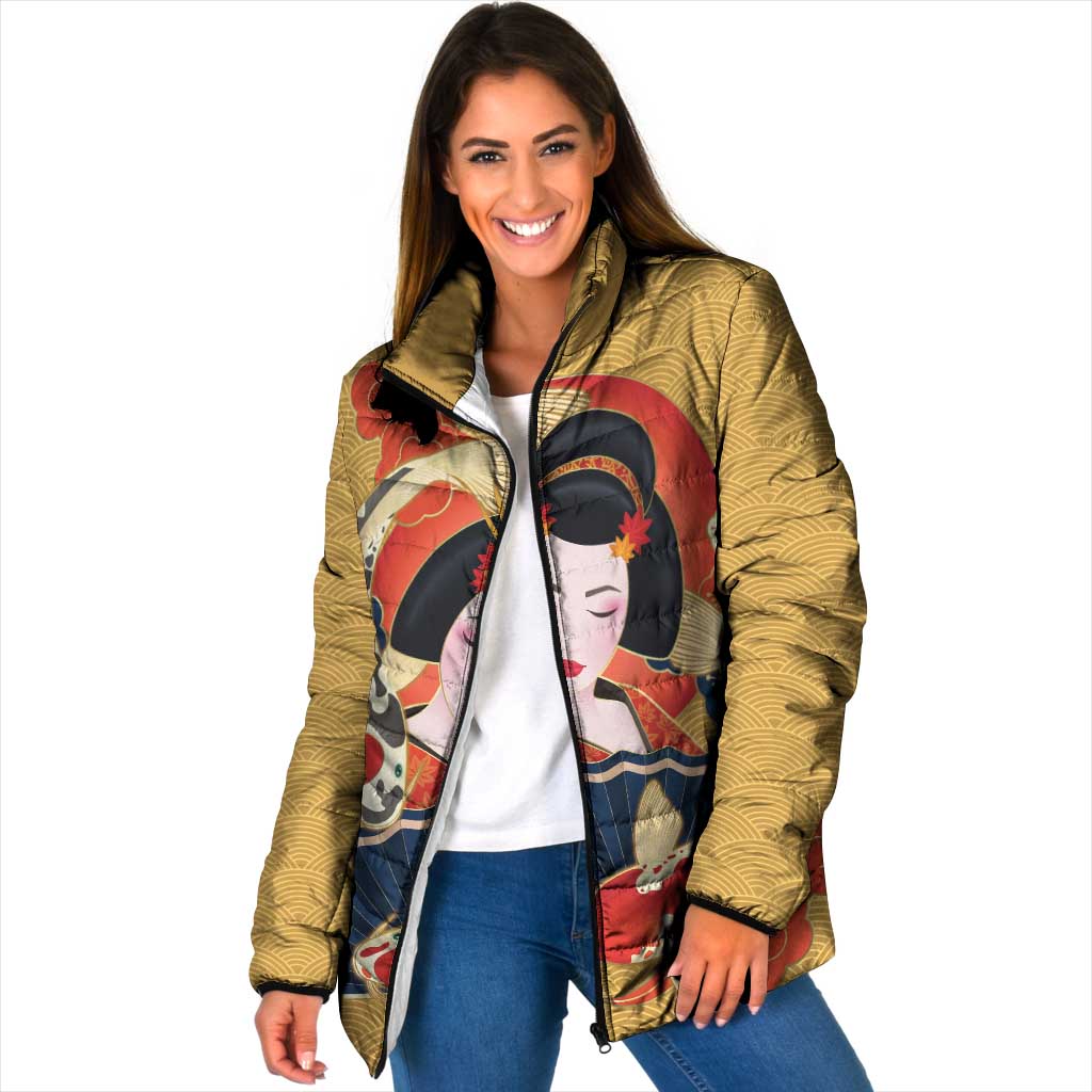 Japanese Geisha Koi Fish Padded Jacket Cherry Blossoms Yellow Seigaiha Pattern - Polynesian Pride