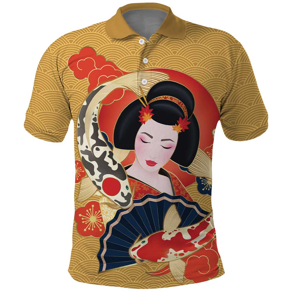 Japanese Geisha Koi Fish Polo Shirt Cherry Blossoms Yellow Seigaiha Pattern LT14 Yellow - Polynesian Pride