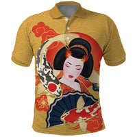 Japanese Geisha Koi Fish Polo Shirt Cherry Blossoms Yellow Seigaiha Pattern LT14 Yellow - Polynesian Pride