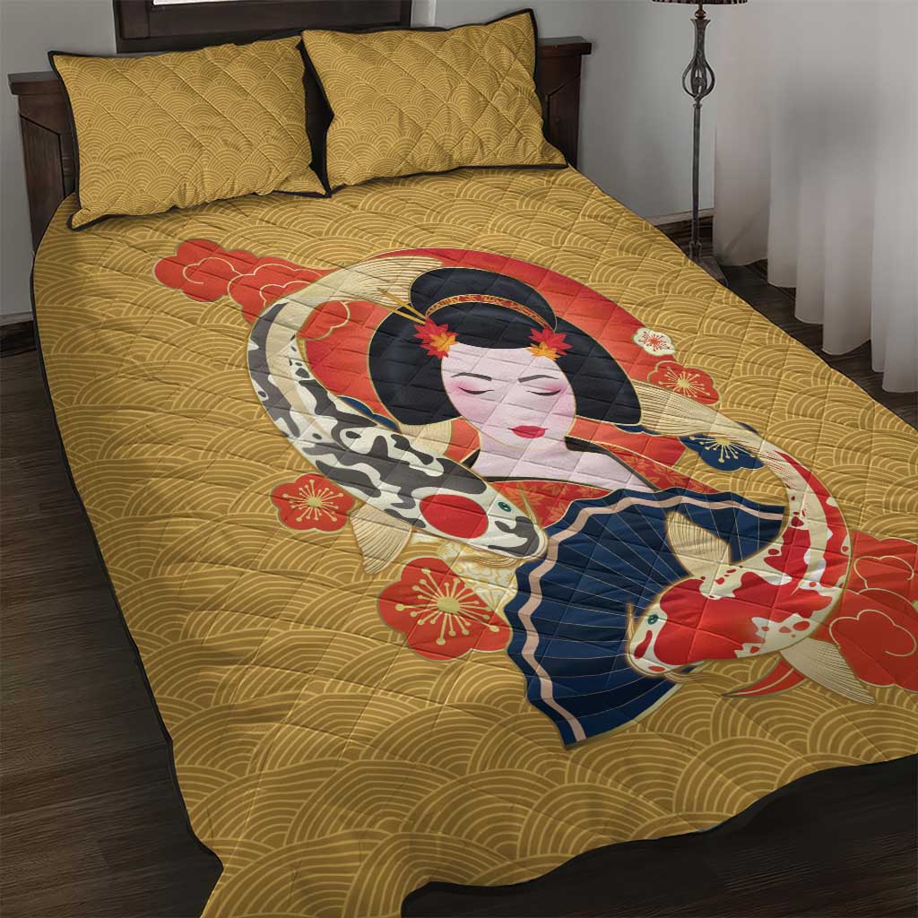 Japanese Geisha Koi Fish Quilt Bed Set Cherry Blossoms Yellow Seigaiha Pattern - Polynesian Pride