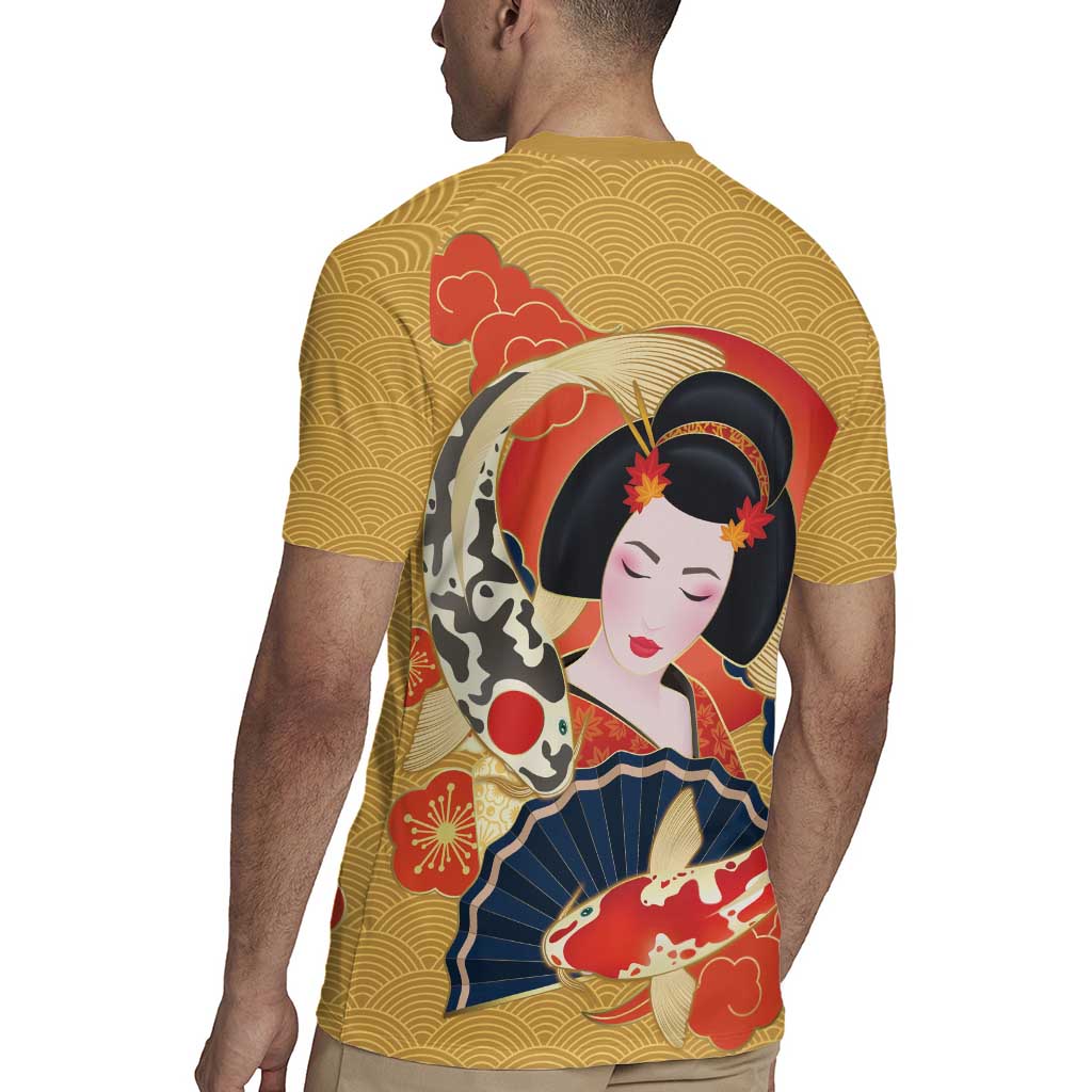 Japanese Geisha Koi Fish Rugby Jersey Cherry Blossoms Yellow Seigaiha Pattern - Polynesian Pride