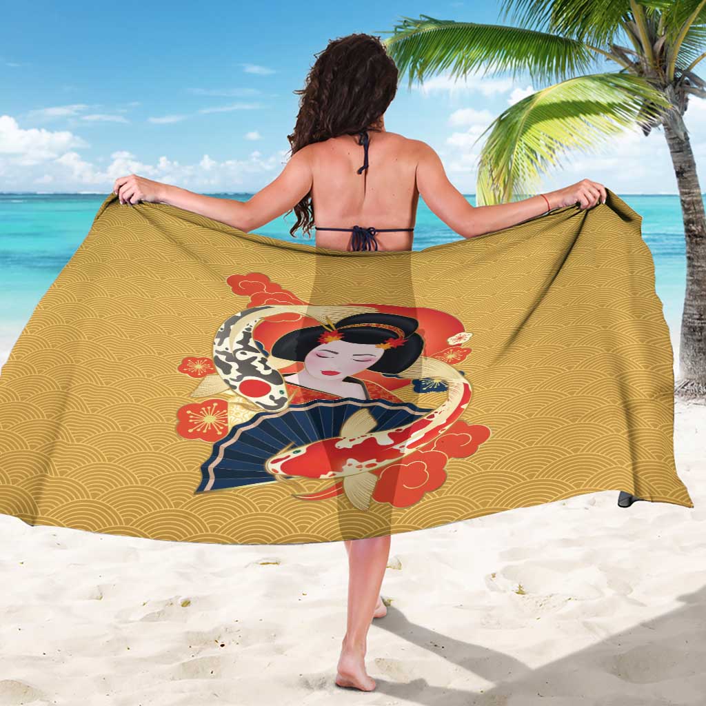 Japanese Geisha Koi Fish Sarong Cherry Blossoms Yellow Seigaiha Pattern LT14 - Polynesian Pride
