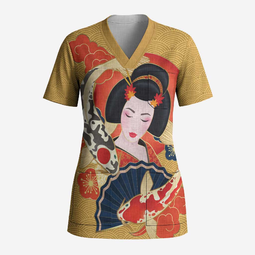 Japanese Geisha Koi Fish Scrub Top Cherry Blossoms Yellow Seigaiha Pattern - Polynesian Pride
