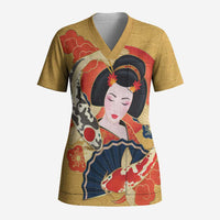 Japanese Geisha Koi Fish Scrub Top Cherry Blossoms Yellow Seigaiha Pattern - Polynesian Pride
