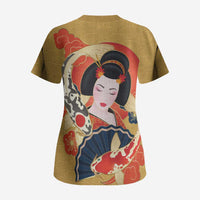 Japanese Geisha Koi Fish Scrub Top Cherry Blossoms Yellow Seigaiha Pattern - Polynesian Pride