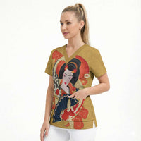 Japanese Geisha Koi Fish Scrub Top Cherry Blossoms Yellow Seigaiha Pattern - Polynesian Pride