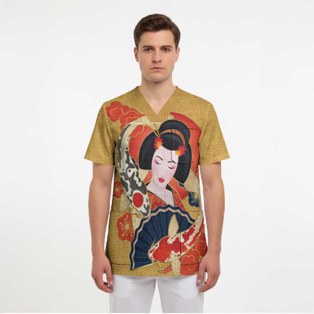 Japanese Geisha Koi Fish Scrub Top Cherry Blossoms Yellow Seigaiha Pattern - Polynesian Pride