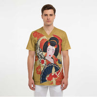 Japanese Geisha Koi Fish Scrub Top Cherry Blossoms Yellow Seigaiha Pattern - Polynesian Pride