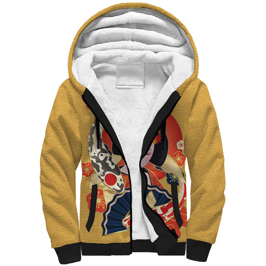 Japanese Geisha Koi Fish Sherpa Hoodie Cherry Blossoms Yellow Seigaiha Pattern LT14 Unisex Yellow - Polynesian Pride
