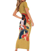 Japanese Geisha Koi Fish Short Sleeve Bodycon Dress Cherry Blossoms Yellow Seigaiha Pattern LT14 - Polynesian Pride